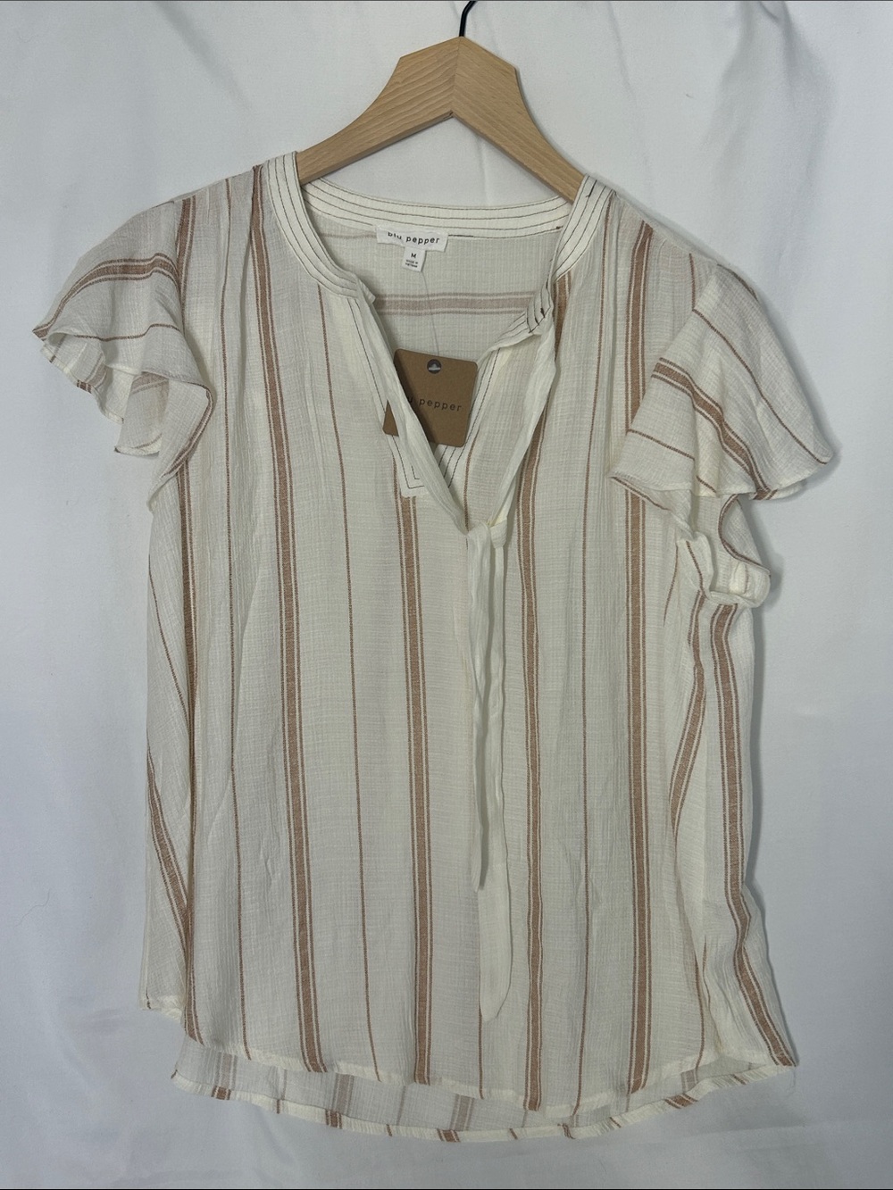 Madewell Cream and Tan Striped Ruffle Sleeve Tie-Front Blouse